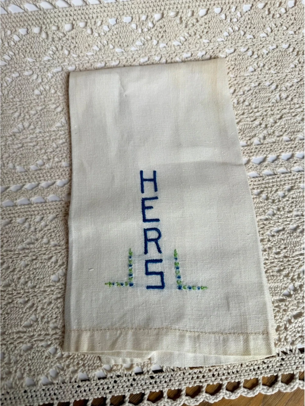 Vintage Embroidered Linen Guest Towels HIS & HERS Set of 2 Blue Green